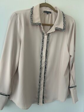 Adrianna Papell Blush Pink Button-Front Blouse with Black-and-White Tweed Trim